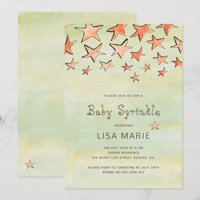 Invitation Aquarelle chute étoiles ivoire bébé arrosage (Devant / Derrière)