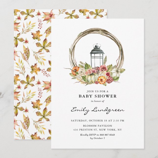 Invitation Aquarelle Chute Florale Lanterne Baby shower de co (Devant / Derrière)