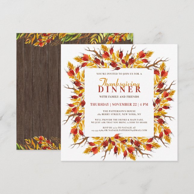 Invitation Aquarelle Chute Florale Thanksgiving Dîner (Devant / Derrière)