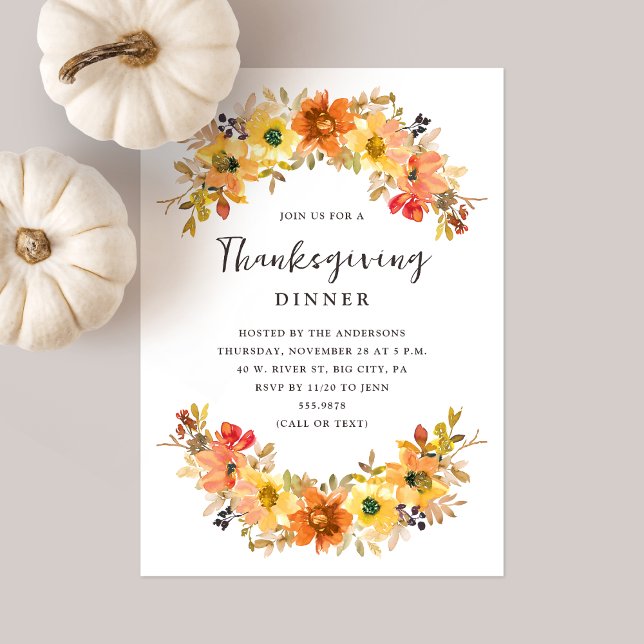 Invitation Aquarelle Chute Florale Thanksgiving Dîner (Créateur téléchargé)