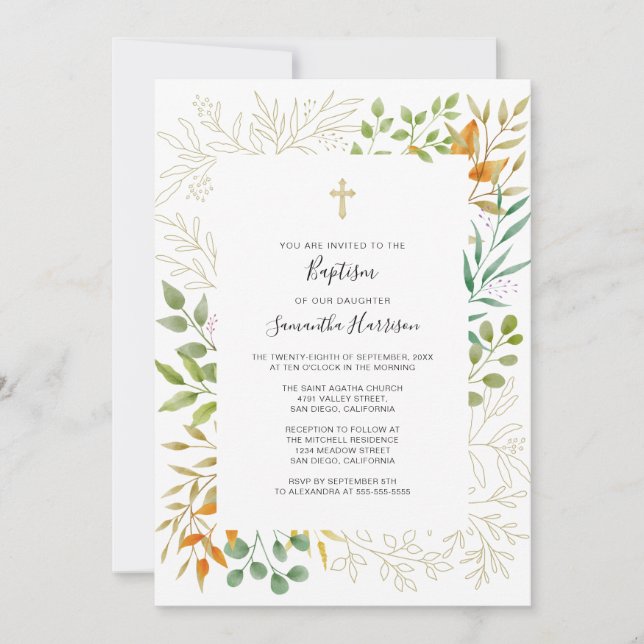 Invitation Aquarelle Chute Foliage Sexe Baptême neutre (Devant)