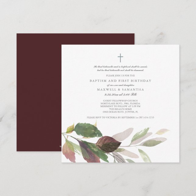 Invitation Aquarelle chute laisse Twins Baptême (Devant / Derrière)