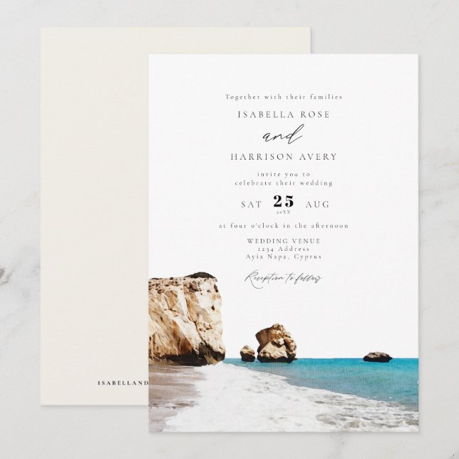 Invitation Aquarelle Chypre Aphrodite Beach Mariage Océan (Devant / Derrière)