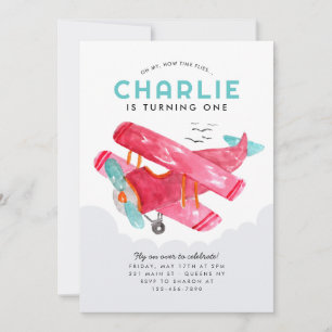 Invitation Aquarelle Ciel Mignonne Nuage Aéronef Rouge Annive