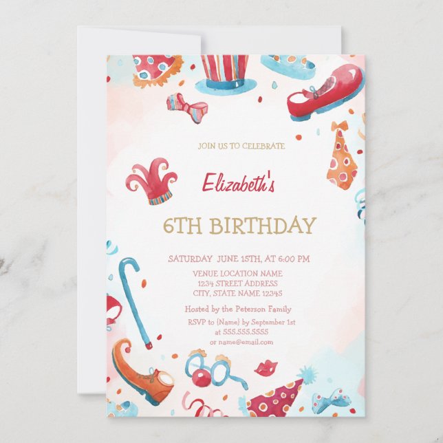 Invitation Aquarelle Cirque Carnaval Coeurs Anniversaire (Devant)