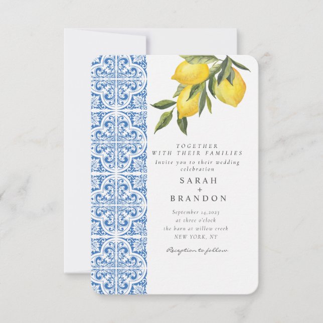 Invitation Aquarelle Citron bleu carrelage méditerranéen Mari (Devant)