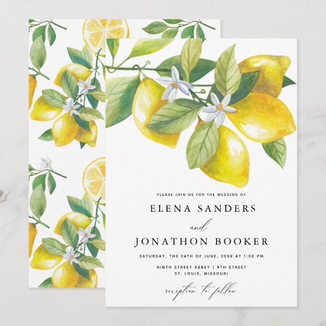 Invitation Aquarelle Citron Mariage (Devant / Derrière)