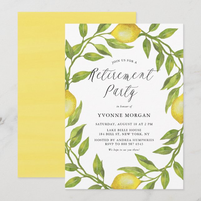 Invitation Aquarelle Citron vert Fête de retraite de la couro (Devant / Derrière)