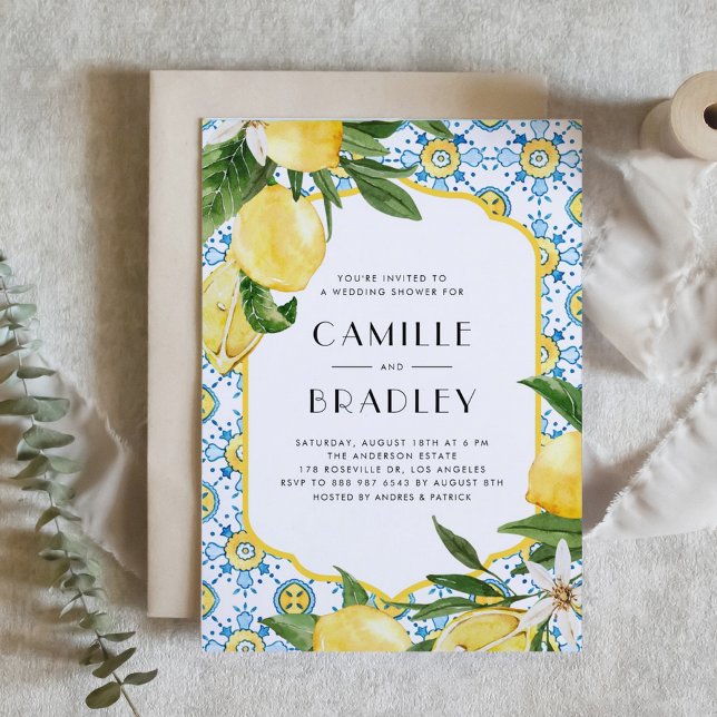 Invitation Aquarelle Citron Wedding shower méditerranéen (Customizable Mediterranean-theme wedding shower invitation featuring Moroccan tile and lemon design.)
