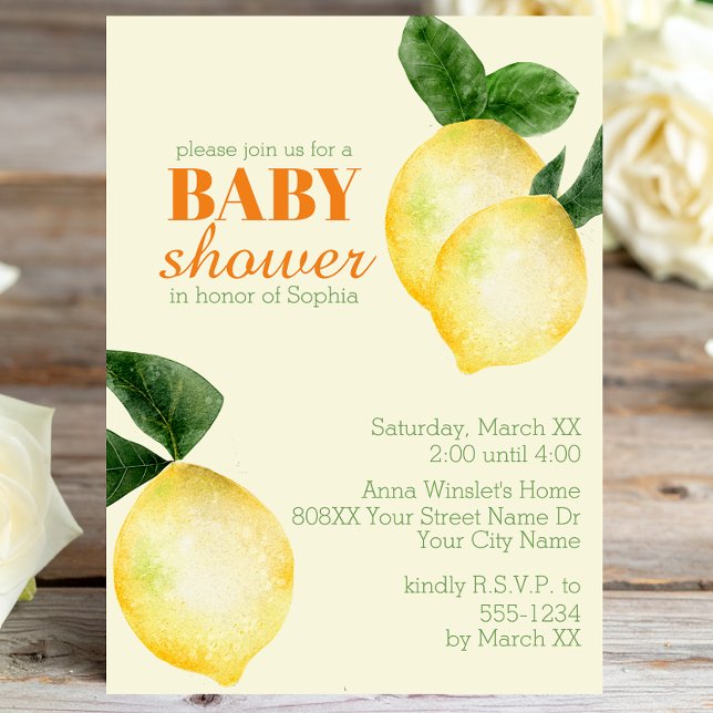 Invitation Aquarelle Citrons Baby shower jaune (Créateur téléchargé)