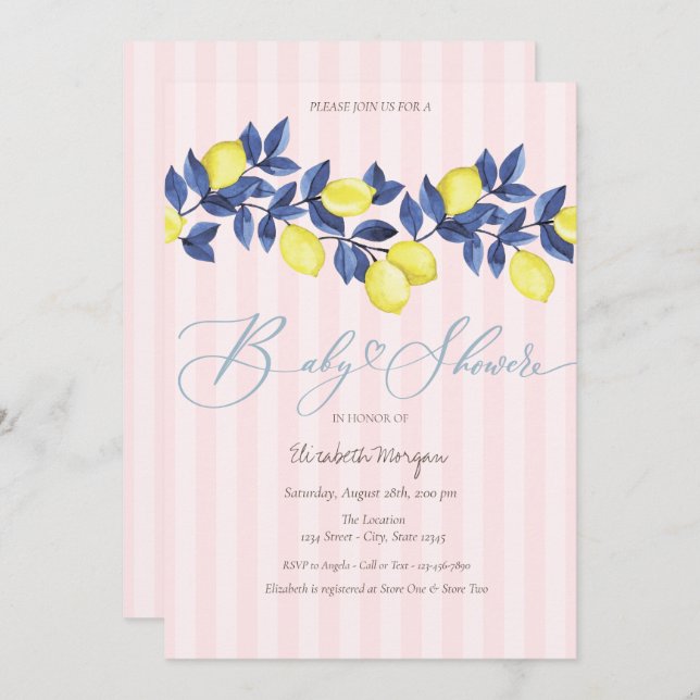 Invitation Aquarelle Citrons Baby shower rayé rose (Devant / Derrière)