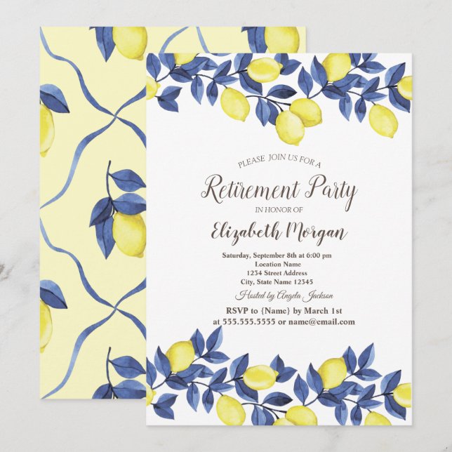 Invitation Aquarelle Citrons Bleu Retraite Méditerranéenne (Devant / Derrière)