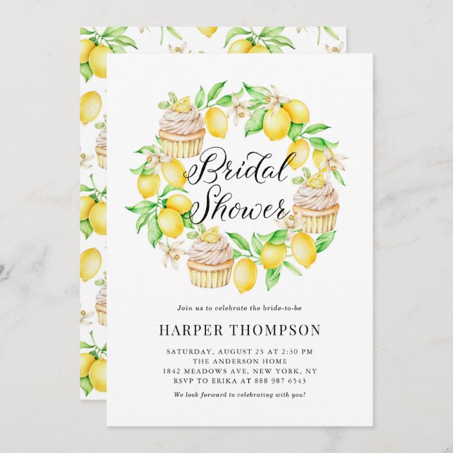 Invitation Aquarelle Citrons & Cupcakes Fête des mariées de c (Devant / Derrière)