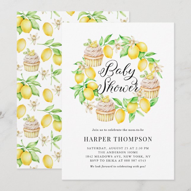 Invitation Aquarelle Citrons et Cupcakes Baby shower de couro (Devant / Derrière)