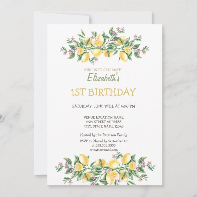 Invitation Aquarelle Citrons Fleurs Botaniques Anniversaire (Devant)