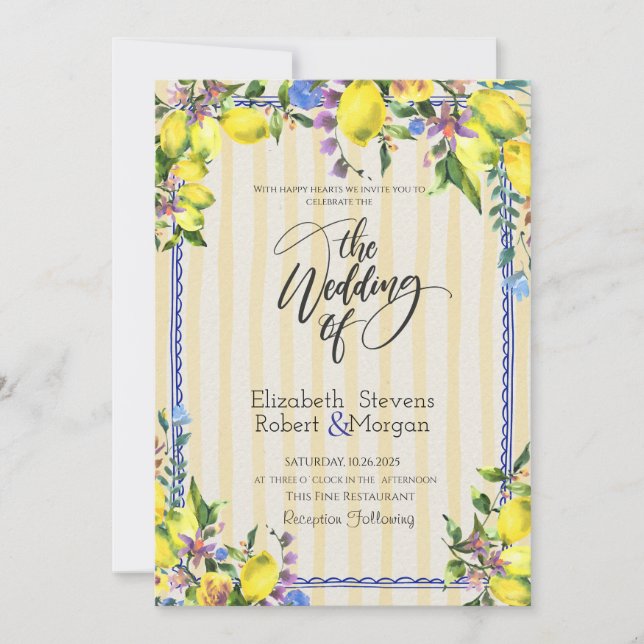 Invitation Aquarelle Citrons Jaune Mariage (Devant)