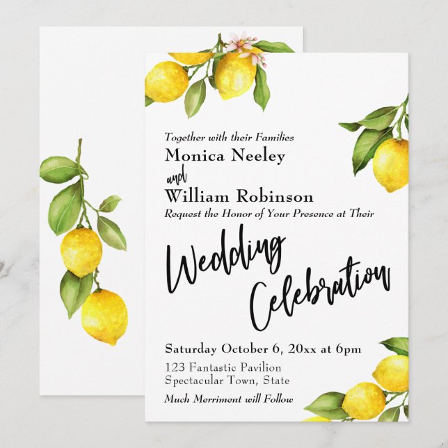 Invitation Aquarelle Citrons Mariage Célébration Typographie (Devant / Derrière)