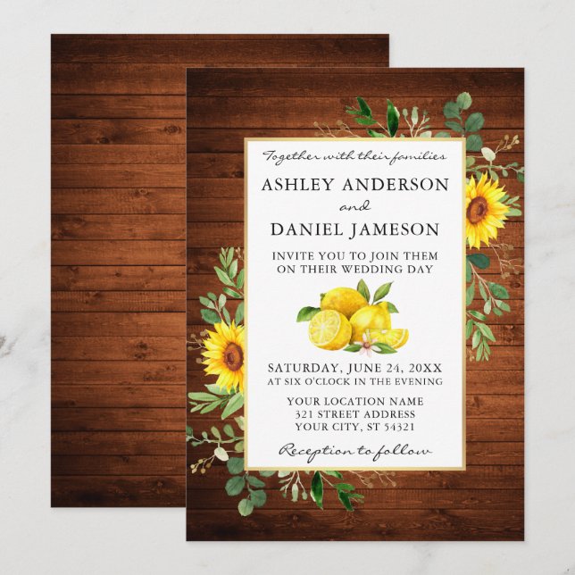 Invitation Aquarelle Citrons Mariage de tournesols en bois (Devant / Derrière)