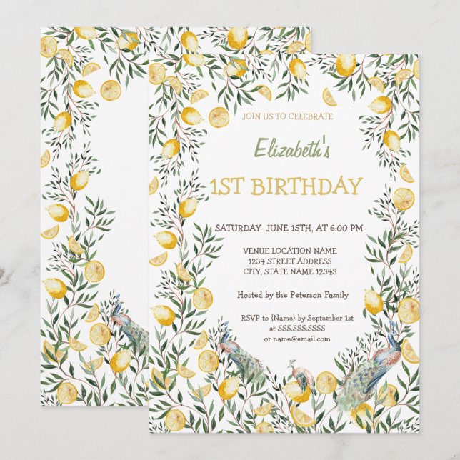 Invitation Aquarelle Citrons Peacock Anniversaire (Devant / Derrière)