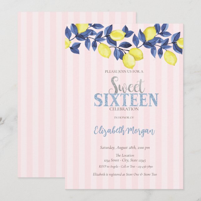 Invitation Aquarelle Citrons rose rayé doux 16 (Devant / Derrière)