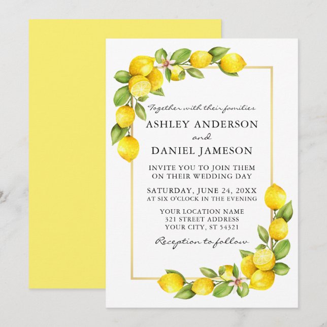 Invitation Aquarelle Citrons Vert Or Jaune Mariage (Devant / Derrière)