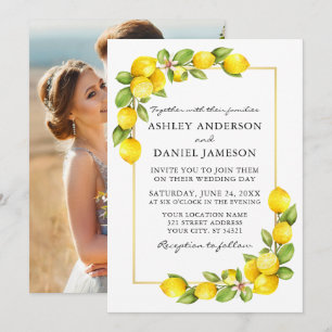 Invitation Aquarelle Citrons Vert Photo Mariage or