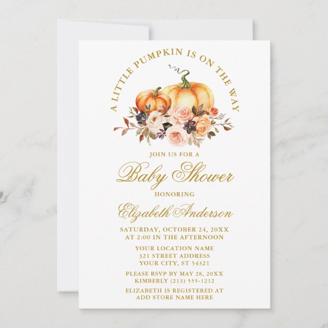 Invitation Aquarelle Citrouille Automne Baby shower Floral Or (Devant)