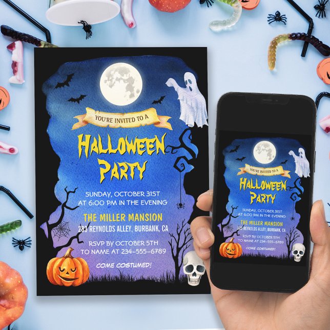 Invitation Aquarelle Citrouille du crâne Halloween Éffrayant (Perfect for hosts who want to throw an unforgettable and enchanting Halloween party.)