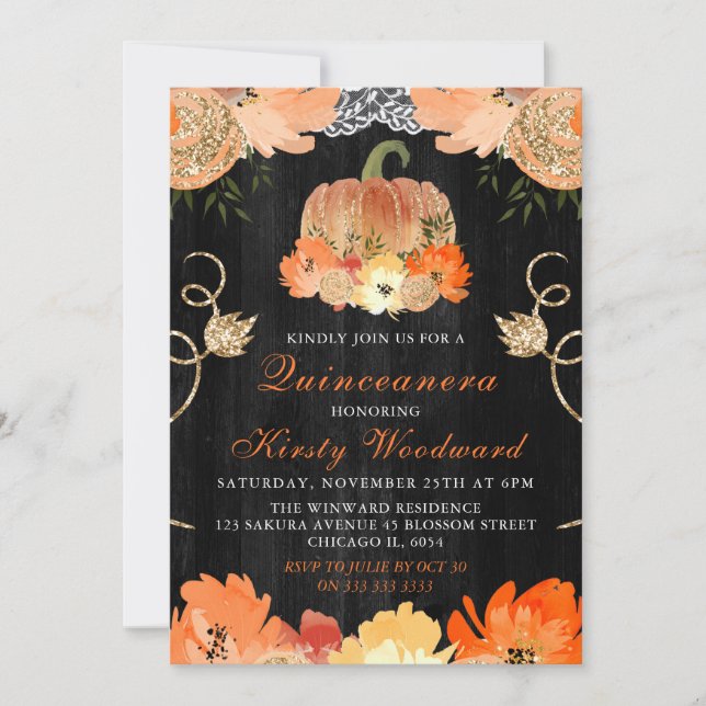 Invitation Aquarelle Citrouille Fleurs automnales Quinceanera (Devant)