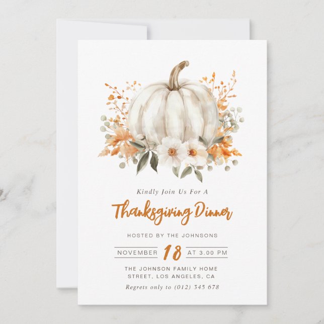 Invitation aquarelle citrouille floral Thanksgiving dîner (Devant)