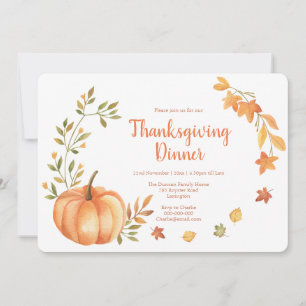 Invitation Aquarelle Citrouille récolte Thanksgiving Dîner