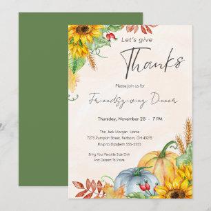 Invitation Aquarelle Citrouille tournesol Friendsgiving Dîner