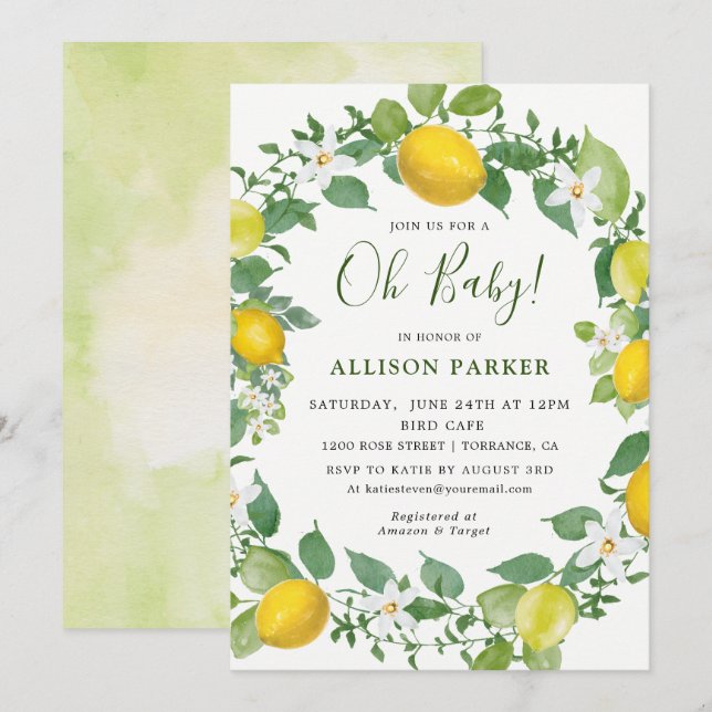 Invitation Aquarelle Citrus Citron Baby shower à thème (Devant / Derrière)