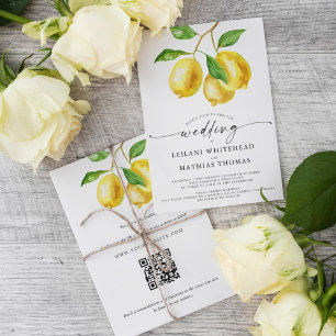 Invitation Aquarelle Citrus citron QR Code Mariage