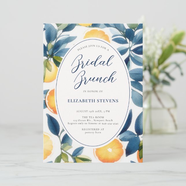 Invitation Aquarelle Citrus Fête des mariées moderne bleu ora (Debout devant)