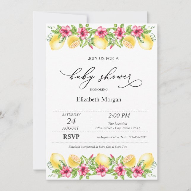 Invitation Aquarelle Citrus Lemons Hibiscus Baby shower (Devant)