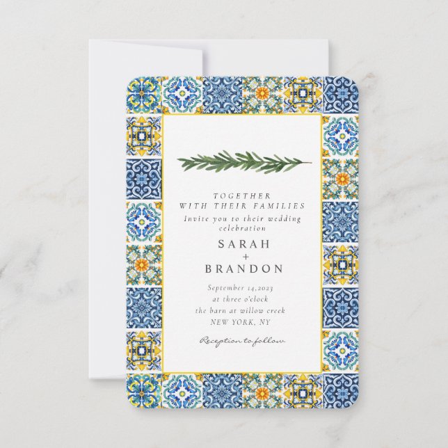 Invitation Aquarelle Citrus Méditerranée Bleu Mariage (Devant)
