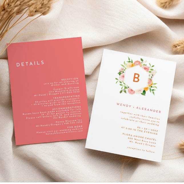 Invitation Aquarelle Citrus Monogramme Détails et Mariage (Créateur téléchargé)