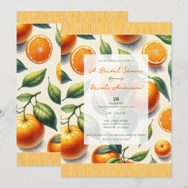 Invitation Aquarelle Citrus Orange Feuille Fête des mariées (Devant / Derrière)