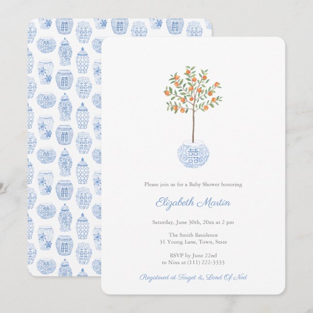 Invitation Aquarelle Citrus Orange Tree Baby Boy Douche (Devant / Derrière)