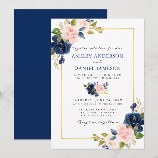 Invitation Aquarelle Classic Bleu rose Floral Mariage or (Devant / Derrière)