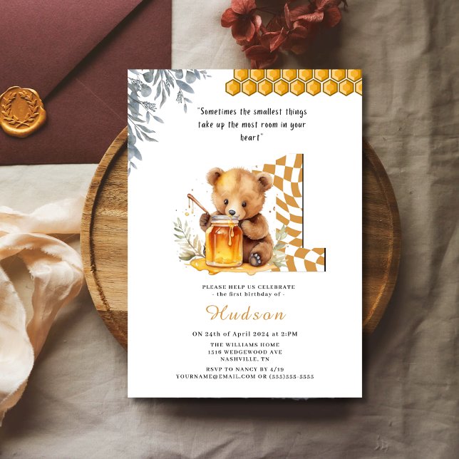 Invitation Aquarelle classique Ours Miel Premier anniversaire (Créateur téléchargé)