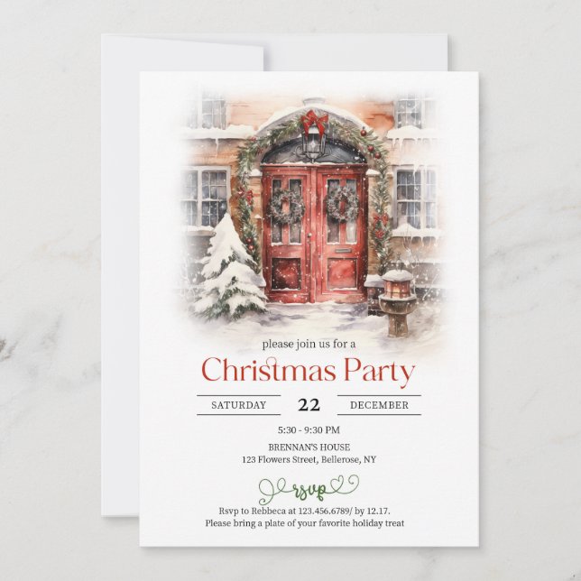 Invitation Aquarelle classique Porte rouge de Noël avec neige (Devant)