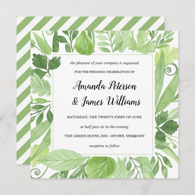Invitation Aquarelle classique vert pâle Mariage (Devant / Derrière)