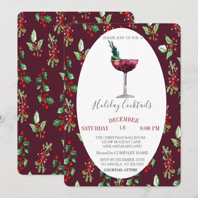 Invitation Aquarelle Cocktail Holly Berry Noël (Devant / Derrière)