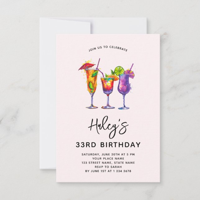 Invitation Aquarelle Cocktails 33ème anniversaire (Devant)