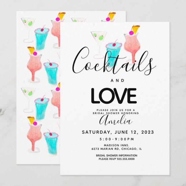 Invitation Aquarelle Cocktails Fête des mariées Bachelorette (Devant / Derrière)