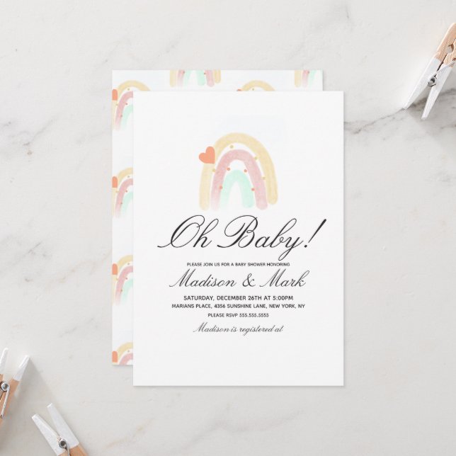Invitation Aquarelle Coeur Rainbow Stroke Baby shower (Devant/Arrière en situation)