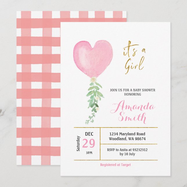 Invitation Aquarelle Coeur rose Baby shower Fille de ballon (Devant / Derrière)