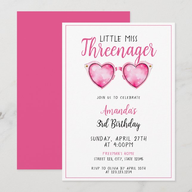 Invitation Aquarelle Coeur rose Lunettes de soleil 3e anniver (Devant / Derrière)